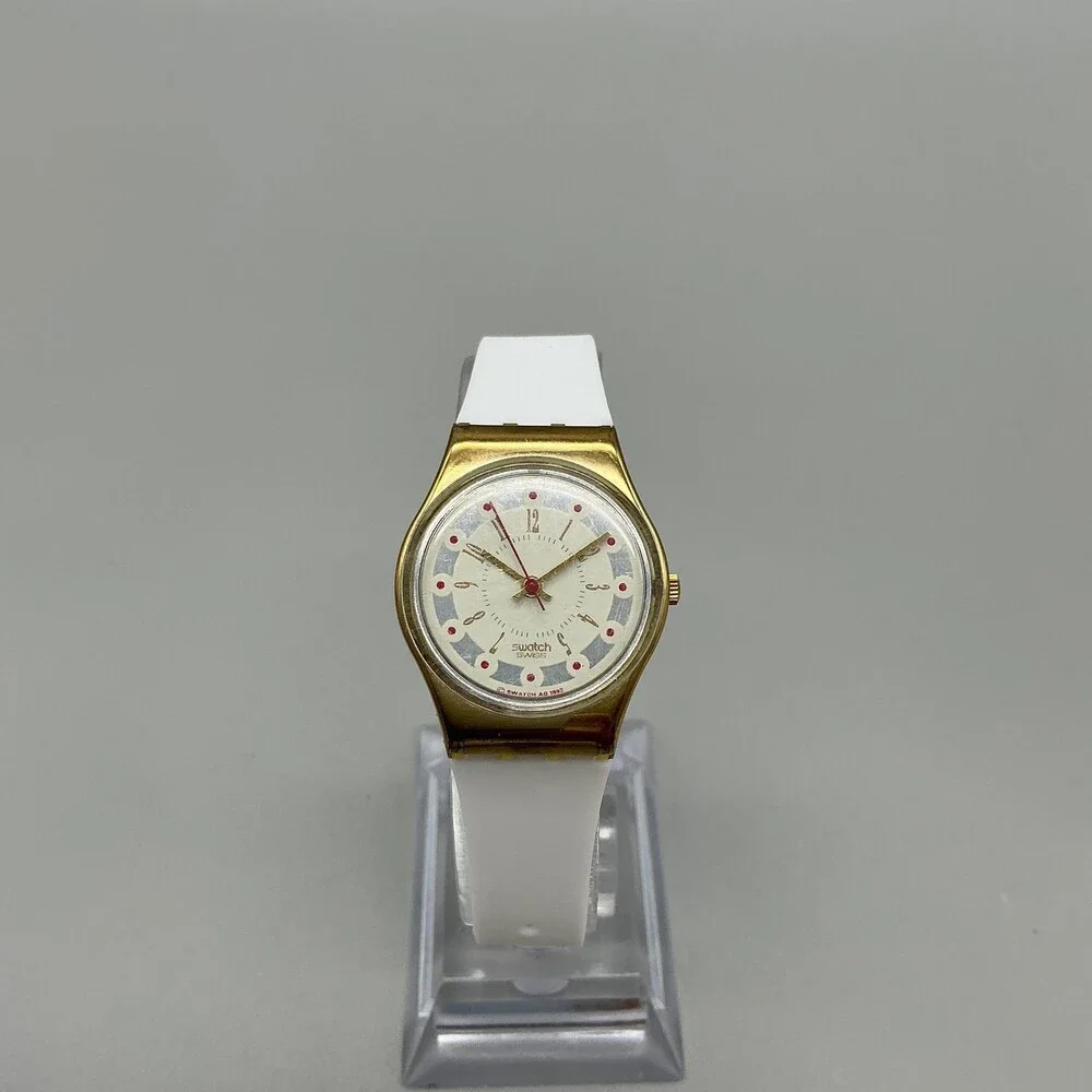 Vintage Swatch Womens Watch 25mm Cream Dial Gold Tone White Band Swiss Quartz